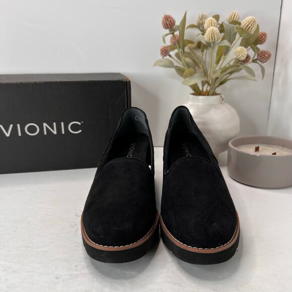 Vionic Willa Wedge Loafers Suede Slip On Black Women's 8.5 NWD Water Repellent - Picture 2 of 12